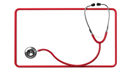 A red stethoscope positioned inside a red rectangular frame, all set against a light grey background. The stethoscope itself is mostly red, with silver earpieces and a silver diaphragm.