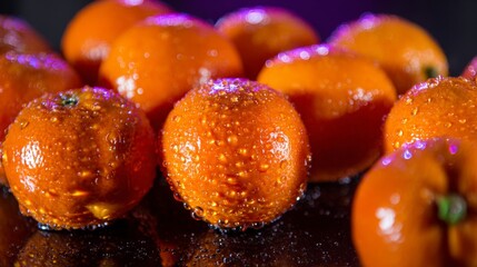 Fresh wet tangerines with water drops on surface for juicy fruit health and food promotion