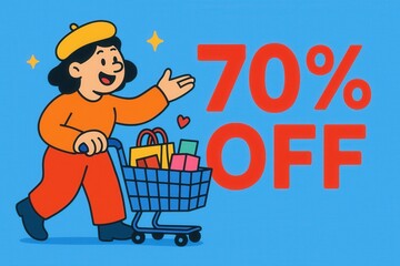 Illustration of a cheerful person pushing a shopping cart filled with colorful bags, featuring a bold "70% OFF" sign against a blue background, indicating a sale or discount offer.