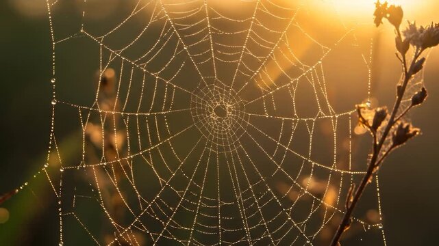 Dewy cobweb glistening on plants, sunrise in nature. May be used to illustrate intricate designs