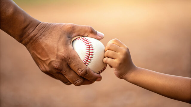 Large hand and small hand grip baseball, symbolizing connection and shared moments. warm tones evoke feelings of nostalgia and joy in this intimate scene