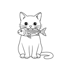 outline vector of cat with fish in mouth