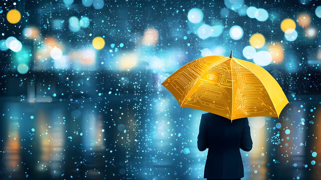 Rainy night, city lights, golden umbrella shielding figure.  Blurred cityscape background, raining heavily.  Tech pattern on umbrella