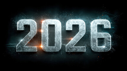 Futuristic digital countdown displaying 2026 with glowing particles and blank left space