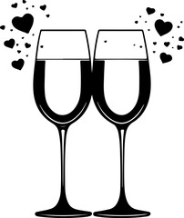 Romantic Black Silhouette of Two Champagne Flutes Toasting with Hearts. Vector Art for Valentine's Day, Wedding Invitations, Anniversary Cards, or Celebration Graphics. A Minimalist Love Icon.