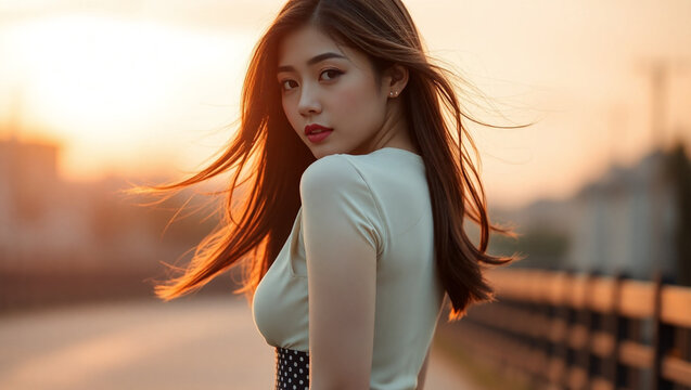 A beautiful Korean woman walking away through an open urban or nature scene, bathed in golden hour light