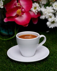Rich espresso in a tiny cup. Bold, intense, perfect pick-me-up. Ideal for coffee brands & cafe aesthetics