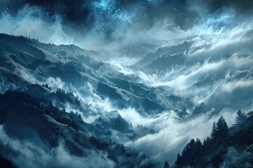 Misty mountain range at night, swirling clouds