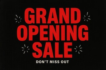 Bold red text on a black background announcing a "Grand Opening Sale," emphasizing urgency with the phrase "Don't Miss Out," suitable for retail or promotional use.