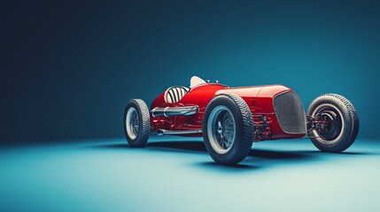 Vintage red toy race car on blue background for nostalgic childhood transportation speed collectible concept design