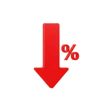 Red downward arrow with percentage symbol indicating decrease isolated on transparent background