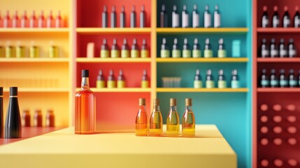 Modern store shelves with colorful bottles arranged in gradient pattern for retail display concept photography scene