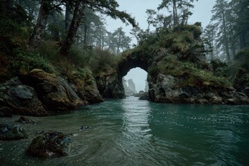 Misty coastal archway through rocky cove