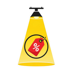Bright yellow spotlight illuminating a red discount tag with percentage symbol isolated on transparent background
