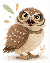 Cartoon owl with large eyes expressing excitement among falling leaves  