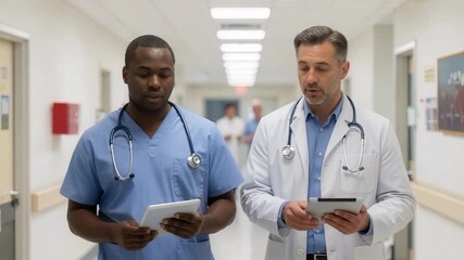 Two doctors walking through hospital corridor engaged in serious medical discussion while maintaining professional focus and collaboration - Powered by Adobe