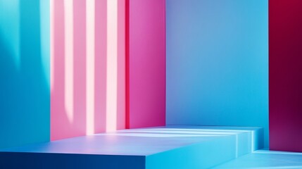 Colorful stairs with blue and pink lights in modern abstract interior scene for 3D render design composition photography