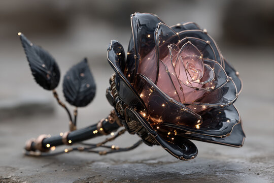 Cybernetic rose sculpture with glowing cables and mechanical stem in glossy black resin