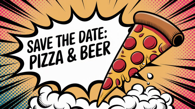 Save the date: retro comic pop art invitation with pizza and beer