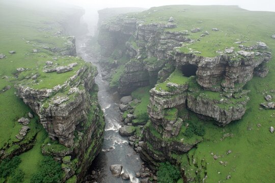 Misty, verdant valley carved by a river