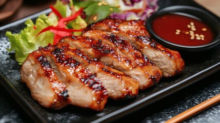 Mouthwatering Grilled Pork on White Plate: Captivating Char Marks and Glistening Glaze for BBQ