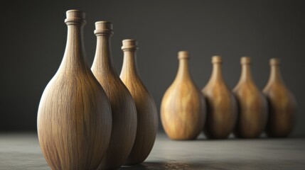 Wooden minimalist vases aligned in row on neutral background for simple rustic still life design concept