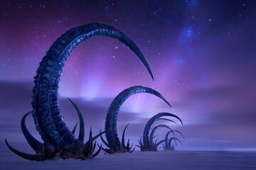 Alien structures in a starry, icy landscape