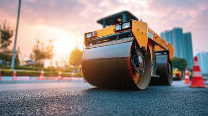 Road roller compacting asphalt