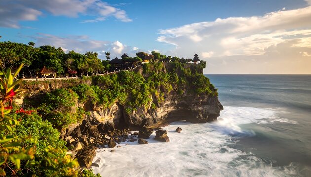 Clifftop temple overlooking ocean at sunset - Powered by Adobe