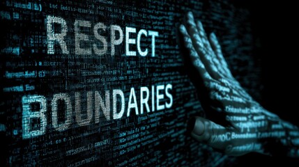 Ethical Boundaries of Technology Concepts. A hand reaches out to digital text reading "RESPECT BOUNDARIES" symbolizing privacy and personal space in a cyber environment.