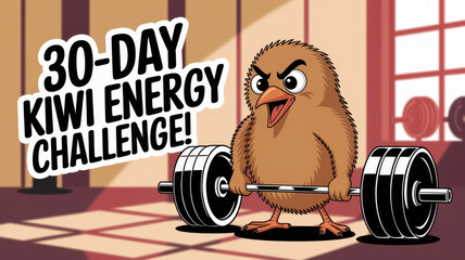 Naklejka premium 30-day kiwi energy challenge: cartoon kiwi lifting weights in a gym setting