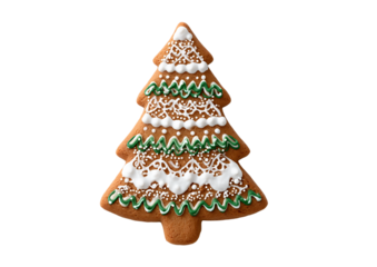 A festive gingerbread christmas tree cookie isolated on transparent background, decorated with colorful icing and embodying holiday cheer