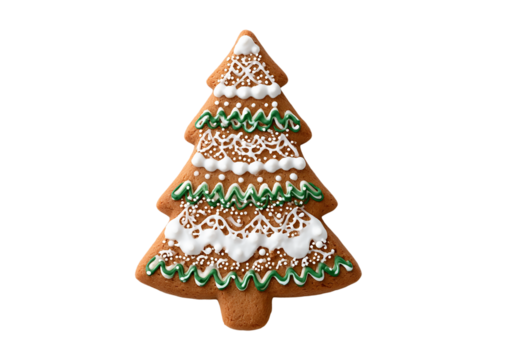 A festive gingerbread christmas tree cookie isolated on transparent background, decorated with colorful icing and embodying holiday cheer