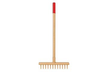 Garden rake featuring wooden handle, red top highlight, standing against transparent backdrop for agricultural landscaping work