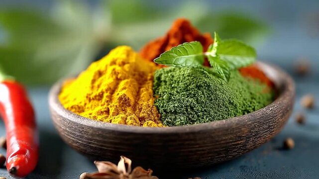 Variety Of Spices In Wooden Bowl With Mint Leaves Chili Pepper And Star Anise Close Up