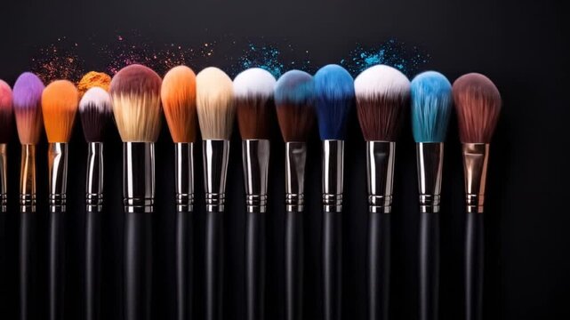 Colorful Makeup Brushes on Black Background, Professional Makeup Tools