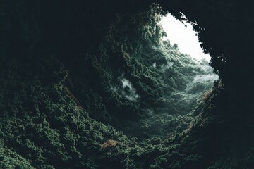 Dark cave opening into a lush, misty forest