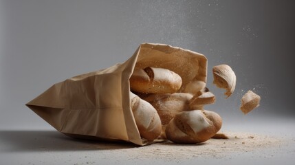 Paper bag spilling fresh bread rolls on white table in bakery inspired minimal food composition