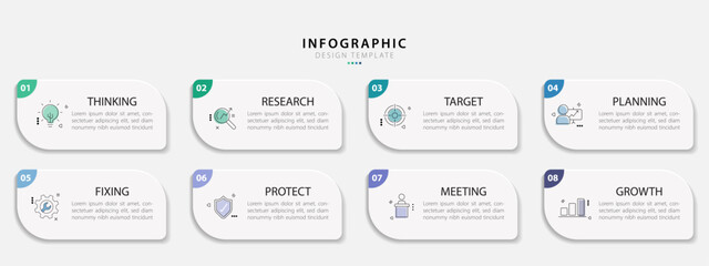 Timeline Creator infographic template. 8 Step timeline journey, calendar Flat simple infographics design template. presentation graph. Business concept with 8 options, gantt vector illustration.