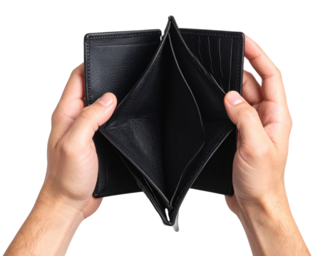 Man showing open empty black leather wallet with both hands isolated on transparent background PNG