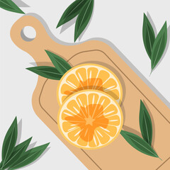 Two orange halves on a cutting board with orange leaves.Vector composition of citrus fruits.