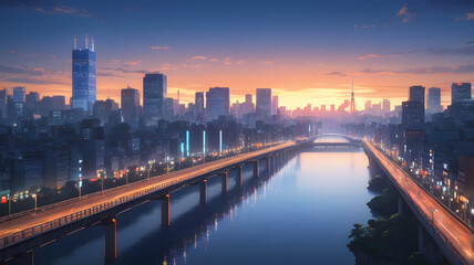 Modern city reflected on a calm river at sunset