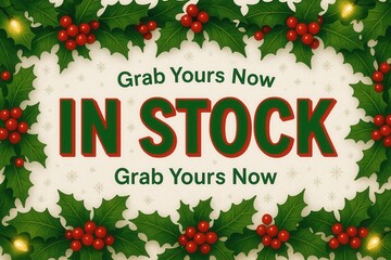 Festive holiday advertisement with bold text "IN STOCK" surrounded by holly and berries, conveying a sense of urgency and celebration for the Christmas season.