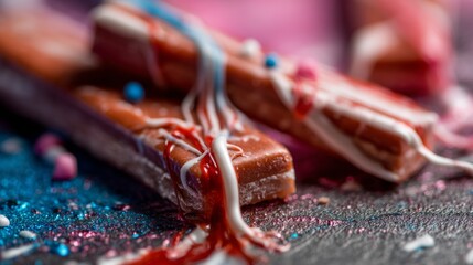 Closeup of cinnamon sticks and syrup drizzle on dessert setup with colorful background and food styling
