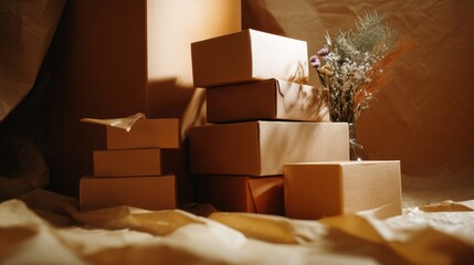 Cardboard boxes in soft lighting stacked creatively in artistic product packaging branding display arrangement