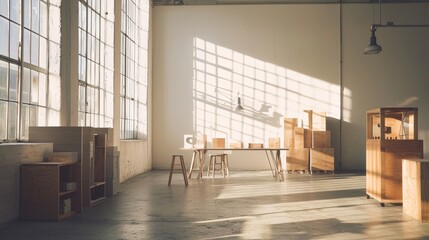 Empty industrial loft space with windows and boxes for creative office or studio interior architecture design