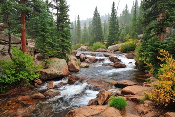 Misty mountain stream cascading over rocks