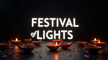 Multiple diyas are arranged with a neon festival of lights sign, creating a warm and inviting scene for the hindu celebration of diwali