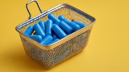 Miniature basket with blue chalks on yellow background for back to school art creative supply design