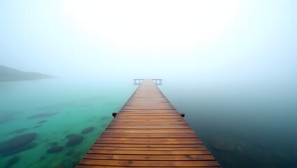 Fototapeta premium Wooden Pier Disappearing into a Misty, Turquoise Lake